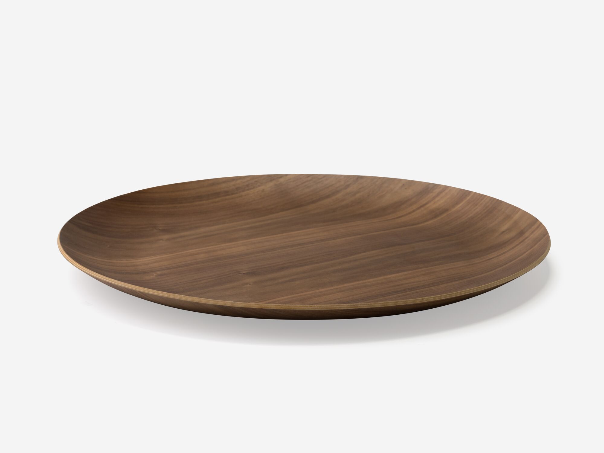 Small round walnut serving tray side view